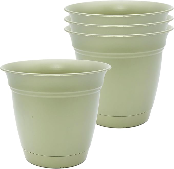 The HC Companies 8 Inch Eclipse Round Planter Pots with Drainage Holes & Attached Saucer, Lightweight UV-Resistant Plastic Indoor Outdoor Planters, 4-Pack Flower Pots for Garden & Home Decor, Seafoam