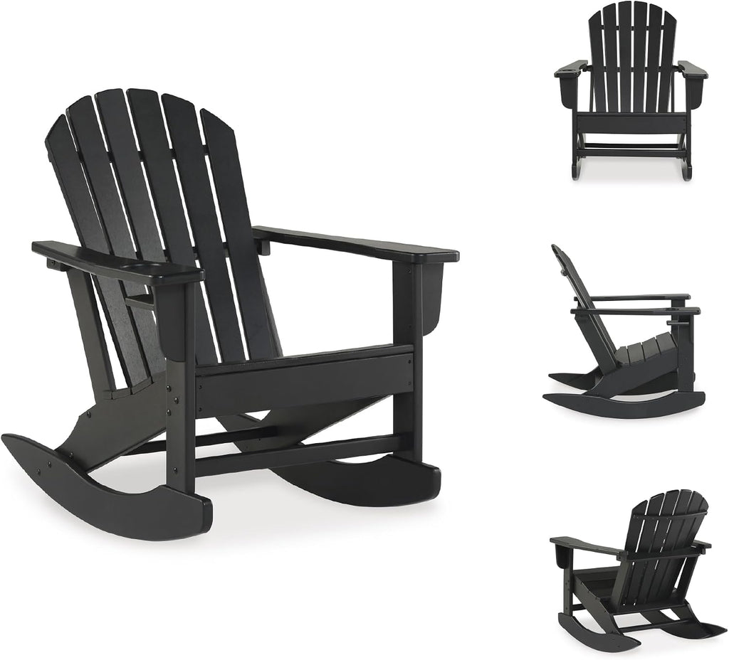 Signature Design by Ashley Adirondack Patio Rocking Chair, Black | All-weather HDPE rocking chair, Durable weather resistant material, 250 lb capacity, Built-in cup holder, Sundown Treasure