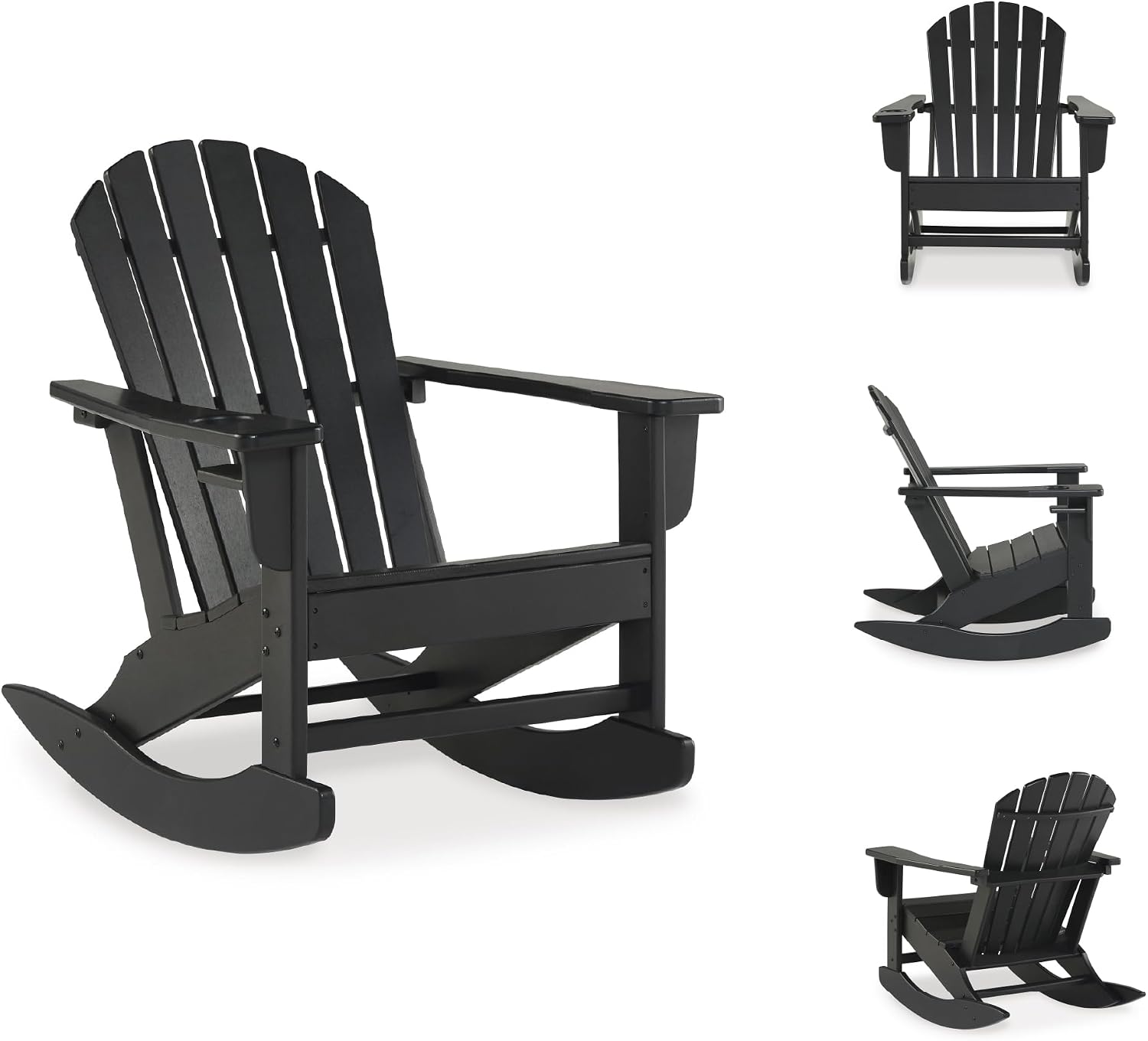 Signature Design by Ashley Adirondack Patio Rocking Chair, Black | All-weather HDPE rocking chair, Durable weather resistant material, 250 lb capacity, Built-in cup holder, Sundown Treasure