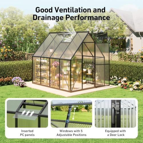6x8 ft greenhouse with hygrometer, windproof warm plant showing dimensions