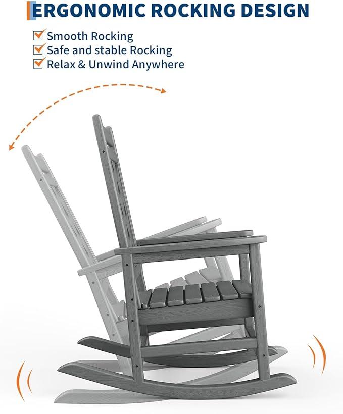 GarveeLife Outdoor Rocking Chair Set of 2, HDPE Weather Resistant Patio Rocking Chair Porch Rocker with Wood Texture & 380 LBS Support for Deck, Pool, Backyard, Gray