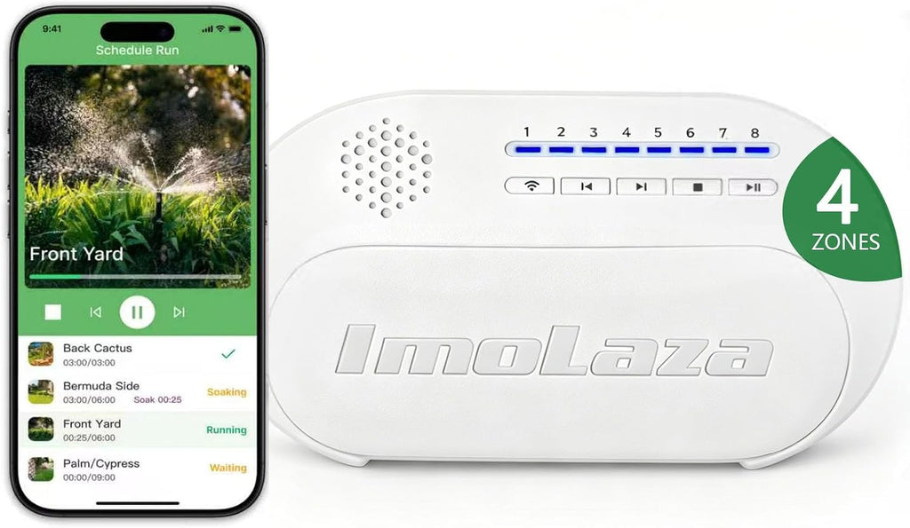 Indoor Smart Sprinkler Controller-ImoLaza Mini 4-Zone WiFi Auto Irrigation | Flexible watering schedules, up to 24 daily timers for new lawns, auto weather skip, easy install, app & voice remote control