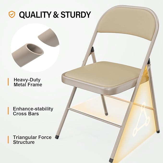 VINGLI 10 Pack Folding Chairs with Padded Seats, Metal Frame with Pu Leather Seat & Back, Capacity 350 lbs, Set of 10, Khaki