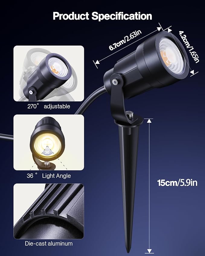 HIBOITEC LED Low Voltage Landscape Spotlights，IP65 Waterproof Outdoor Spot Lights for Yard, Plant, Lawn, Tree, Flags, House, Garden, Pathway, 2900K Warm White, 2 Pack