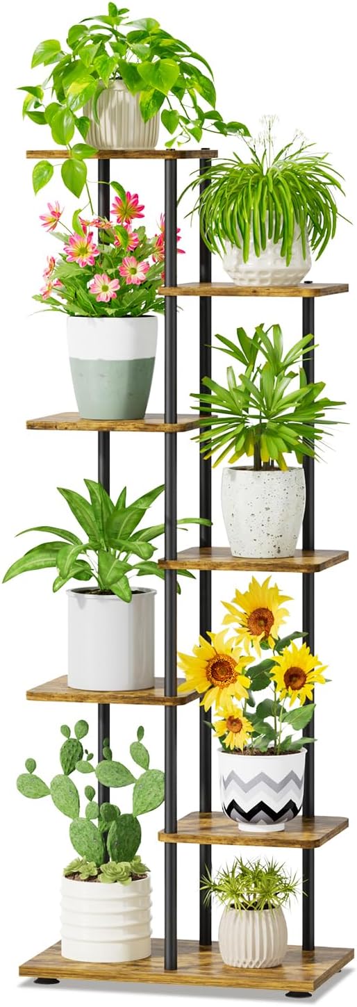 iDavosic.ly 6 Tier Tall Plant Stand Indoor, Tiered Corner Metal Wood Multiple Flower Holder Shelf, 50 Inch Orchid Display Rack for Patio Porch Living Room Balcony Outdoor, Modern Black & Rustic Brown