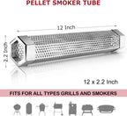 12” Smoke Tube for Pellet Smoker, Hot/Cold Smoking on Grill 5hrs | Stainless Steel 12" Smoker Tube with Wood Pellet or Chips, Hot or Cold Smoking on any Grill or Smoke for 5 Hrs, Easy to Clean