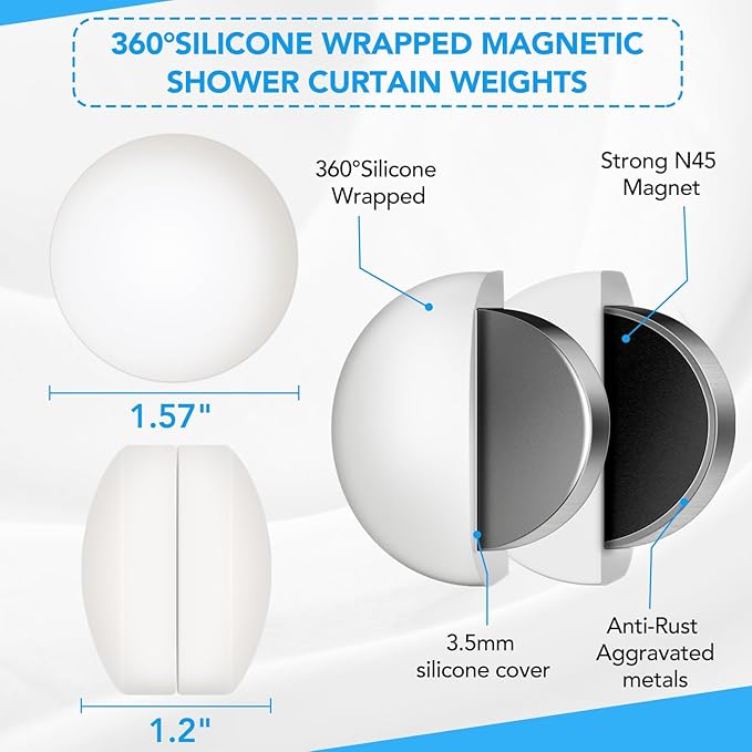 12 Pcs Shower Curtain Weights, Silicone Wrapped Heavy Duty Shower Curtain Magnets, Curtain Weights Heavy Outdoor, Prevent Curtain Liner from Blowing Around, Work for Drapery, Flag, Tablecloth(6 Pairs)