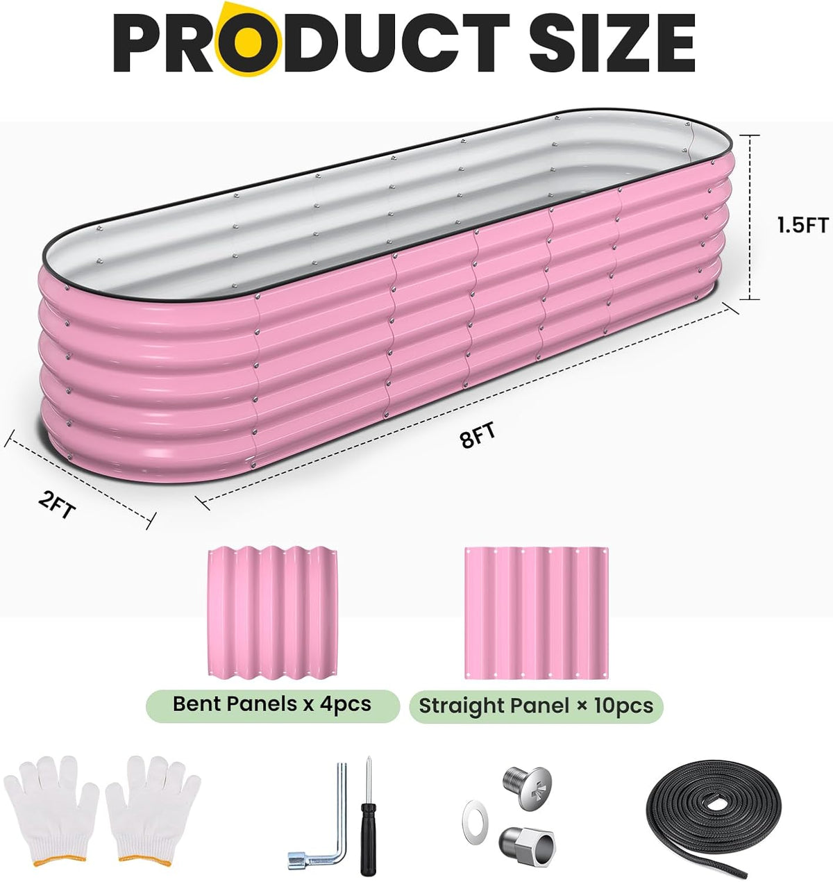 pattiumo galvanized raised garden bed 8x2x1.5 ft, oval showing dimensions