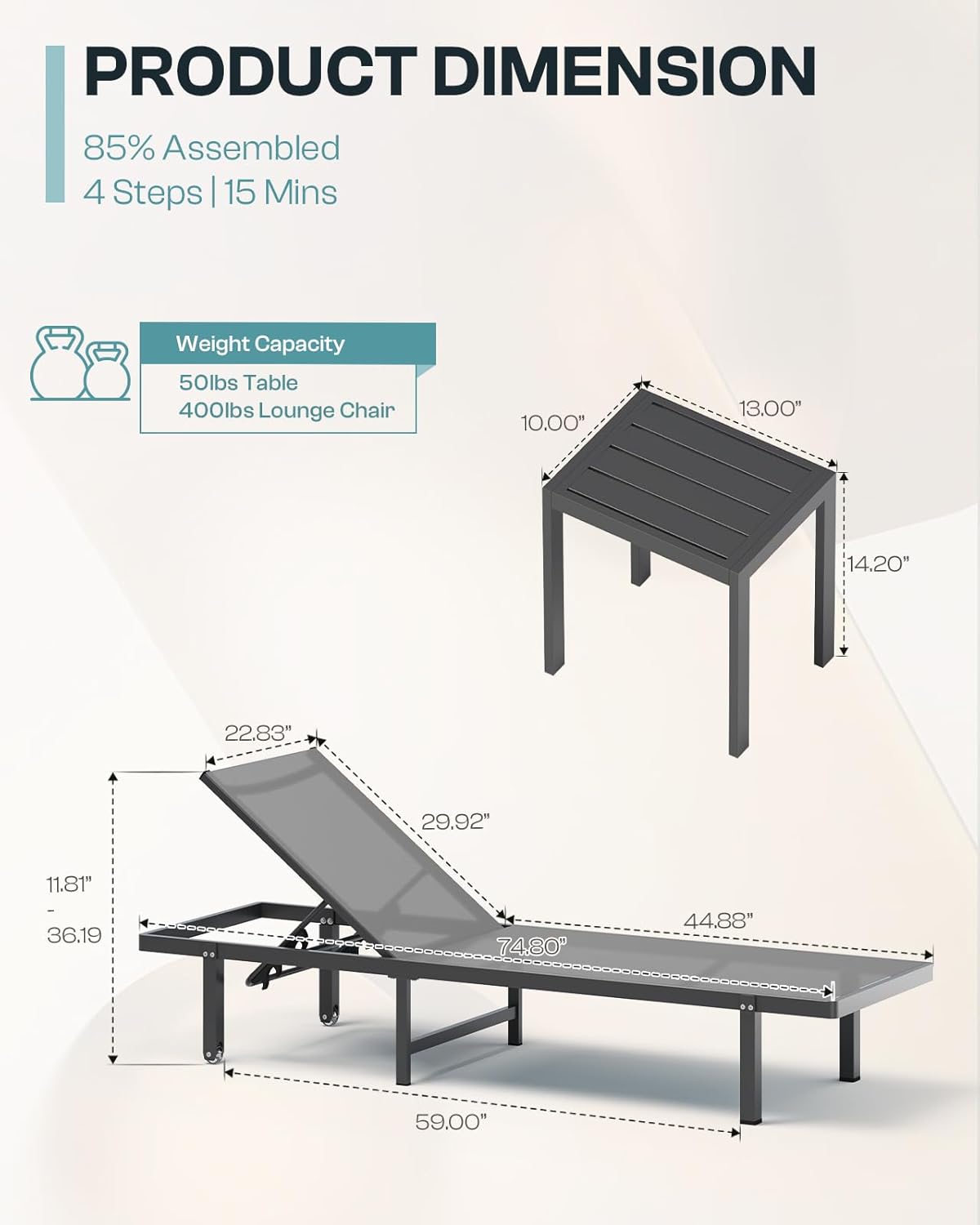 Lounge Chair Outdoor with Wheels, Aluminum Chaise Lounge Outdoor Chair with 5 Adjustable Backrest - Easy to Move- Pool Lounge Chairs for Patio, Poolside (Darkgray)
