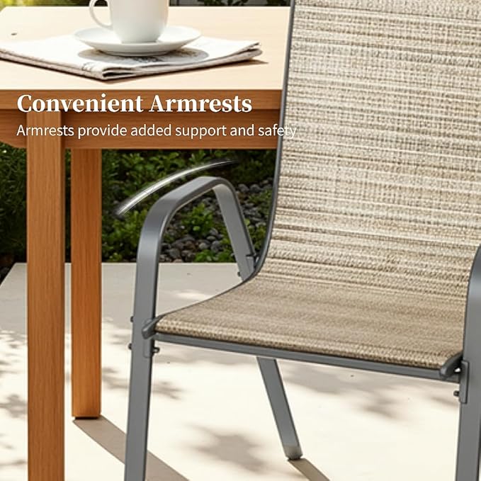 MAMIZO Patio Dining Chairs, Stackable All Weather Teslin Chair, Heavy Duty Outdoor Breathable Chairs Set, w/Armrests, Upgraded Chair FeetW/Strenthened Iron Spacers, 330 LBS (6, Brown)