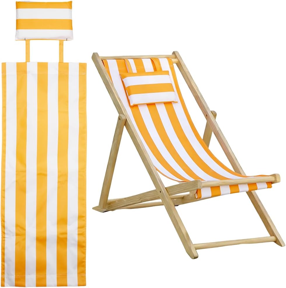 Beach Chair Replacement Cloth 115cmx43.2cm Lounge Chair Replacement Canvas Yellow and White Stripes Sling Chairs Replacement Fabric with Pillow for Sunbathing Courtyard Garden Beach