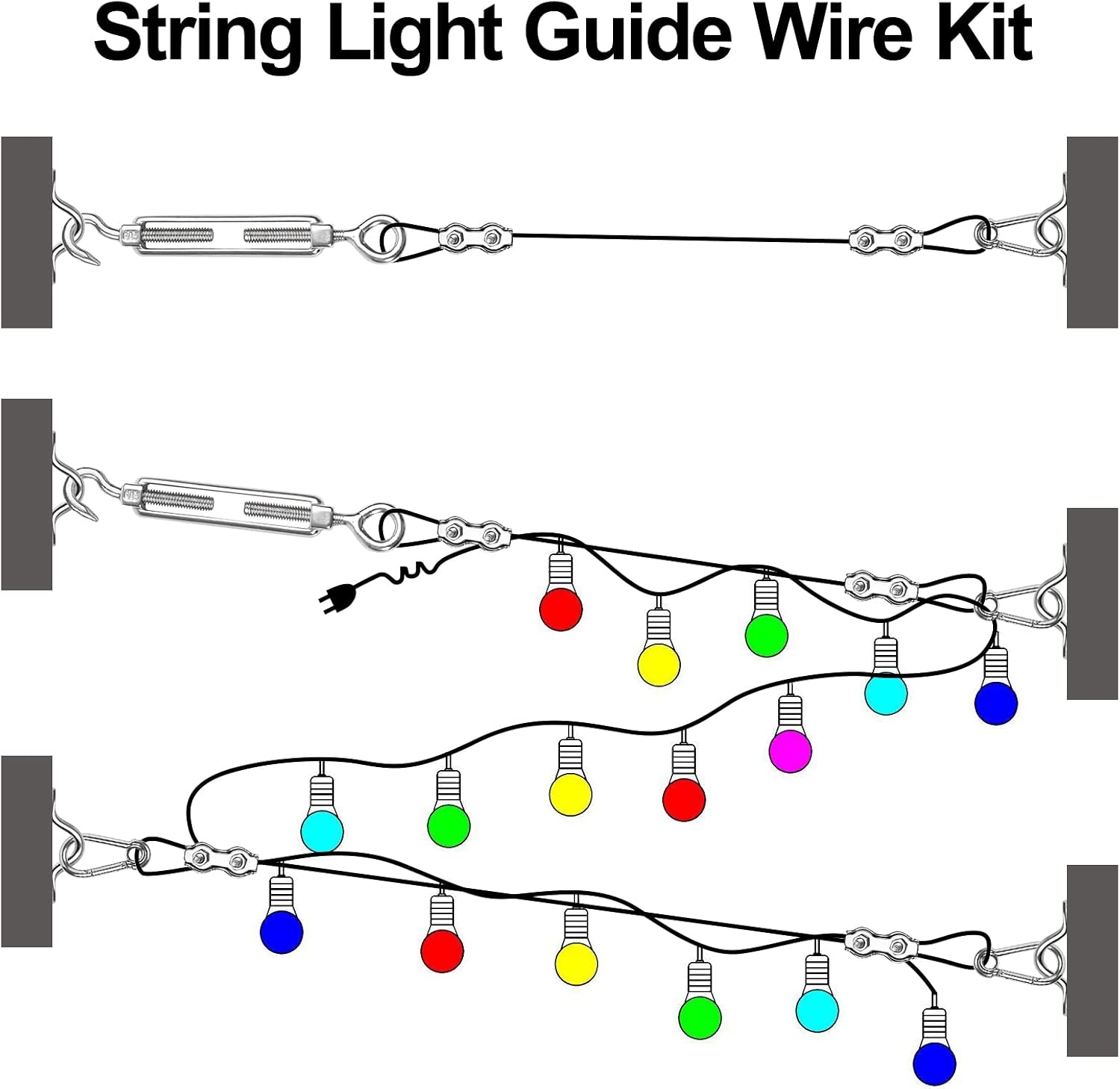 BLIKA String Light Hanging Kits, 300FT Coated Stainless Steel 304 Wire Rope | Outdoor Light Guide Wire, Globe String Light Suspension Kit Included Turnbuckles, Enough Accessories, Use Manual