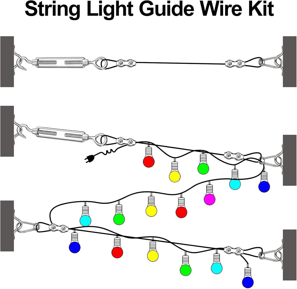 BLIKA String Light Hanging Kits, 400FT Coated Stainless Steel 304 Wire Rope, Outdoor Light Guide Wire, Globe String Light Suspension Kit Included Turnbuckles, Enough Accessories, Use Manual
