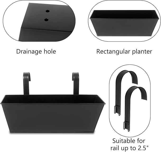 Railing Planters Outdoor Balcony 16 Inch Deck Over The Railing Planter Boxes Hanging Planters for Fence Flower 3 Pcs (Black)