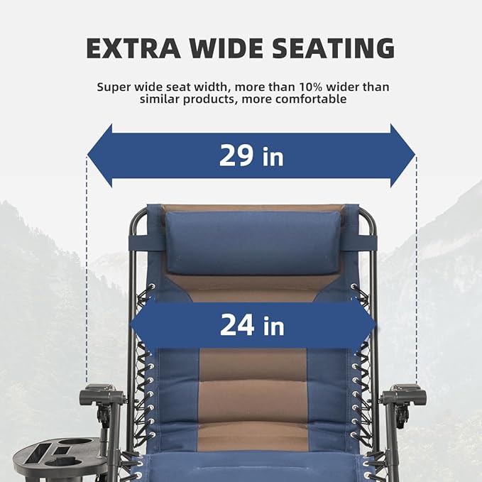 Zero Gravity Chair Oversized Padded Recliner with Adjustable Headrest & Cup Holder - 600D Oxford Folding Lounge Chair for Outdoor Camping, Patio, Poolside (Brown & Blue)