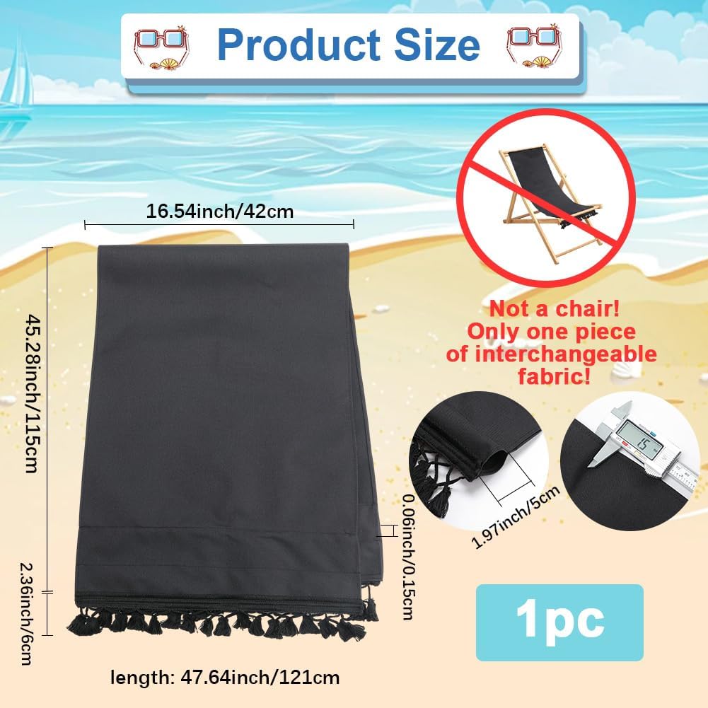 GORGECRAFT 1pc Beach Sling Chair Replacement Canvas 47.2x17.3 Inch Lounge Chair Replacement Fabric with Fringe Black Chair Fabric Reclining Sling Replacement for Sunbathing Courtyard Patio Outdoor