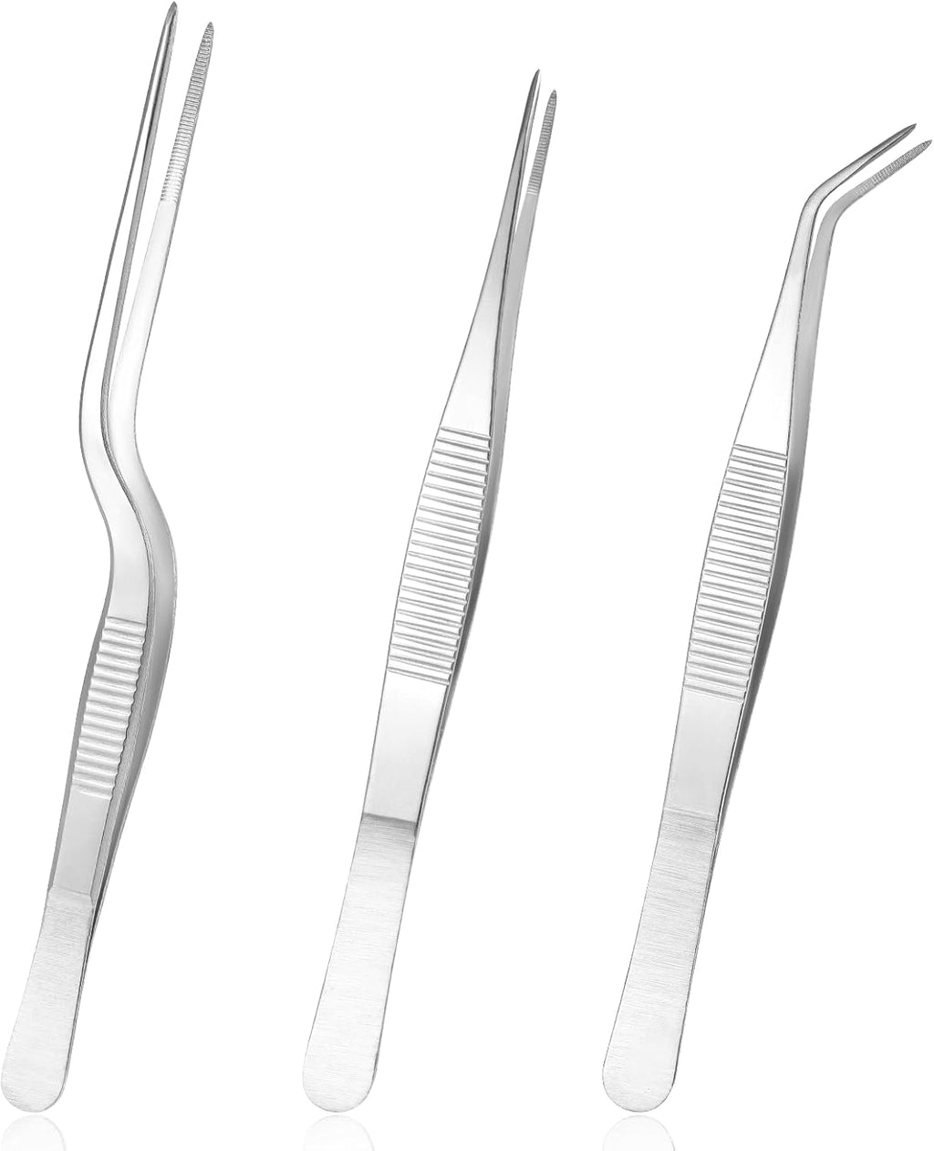 Garden Tweezers, 3 Pcs Stainless Steel Plant Tweezer Set Straight and Curved Precision Tweezers Multipurpose Bonsai Tools for Garden, Kitchen, Indoors and Outdoors (6.22Inch / 6.33Inch / 6.4Inch)