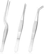 Garden Tweezers, 3 Pcs Stainless Steel Plant Tweezer Set Straight and Curved Precision Tweezers Multipurpose Bonsai Tools for Garden, Kitchen, Indoors and Outdoors (6.22Inch / 6.33Inch / 6.4Inch)