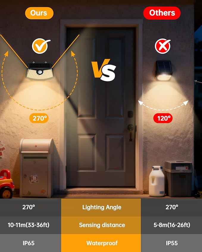 Aootek New Solar Motion Sensor Lights 120 LEDs with Lights Reflector,270° Wide Angle, IP65 Waterproof, Step Lights for Front Door, Yard, Garage, Deck (Black, Warm White, 4-Pack)