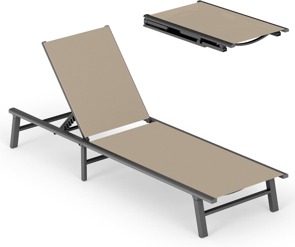 Foldable Outdoor Lounge Chair, No Assembly Patio Chaise Lounge Outdoor with 5-Positions, Aluminum Pool Lounge Chair with Portable Design for Pool, Beach, Deck, Backyard, Khaki