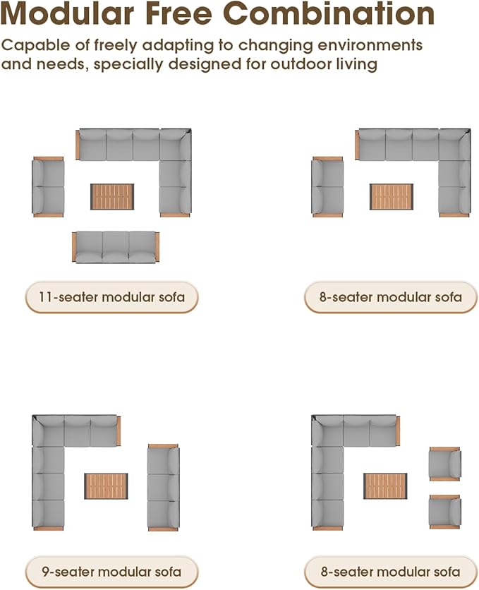 Outdoor Aluminum Patio Furniture Set 11 Seats, Patio Sectional Corner Couch Set with Washable Thick Cushions & Coffee Table, Patio Conversation Sets for Porch, Backyard, Garden, Deck, Gray