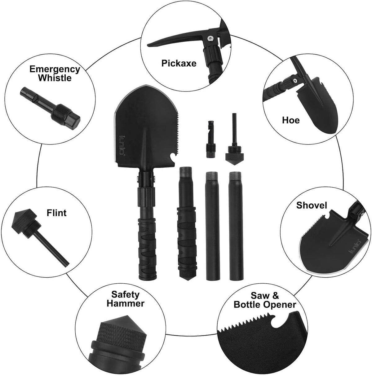 iunio folding camping shovel 31in, heavy-duty carbon steel, close-up detail