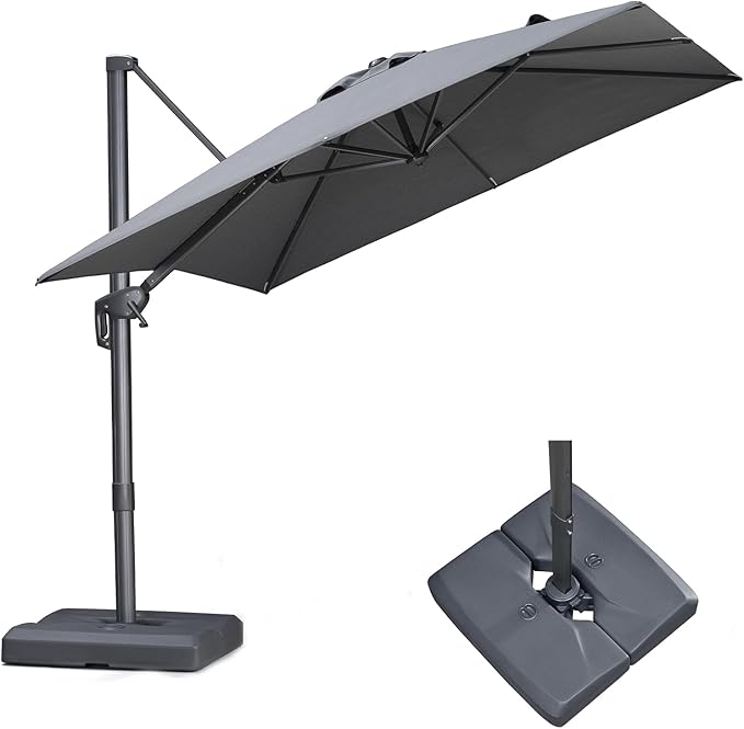 PURPLE LEAF 8 FT Cantilever Patio Umbrella with Base Outdoor Aluminum Offset Square Umbrella with 3 Years Fade Resistance Recycled Fabric and 360-degree Rotation for Deck Pool Garden, Mist Grey