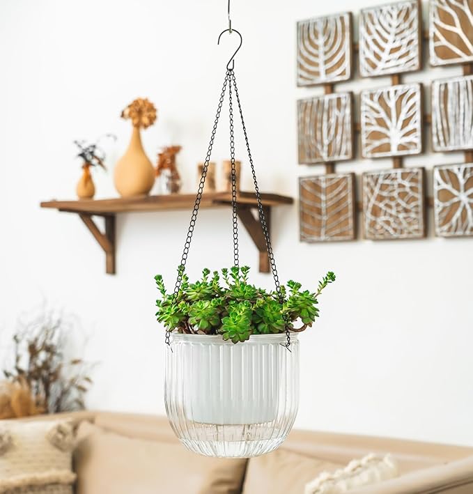 Melphoe 1 Pack Self Watering Hanging Planters Indoor Flower Pots, 8.3 Inch Outdoor Hanging Plant Pot Basket, Plant Hanger with 3Hooks Drainage Holes for Garden Home