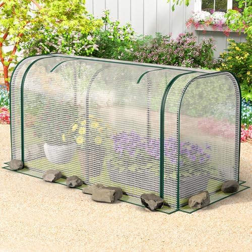 raised garden bed with greenhouse, waterproof sun-protective green, front angle view