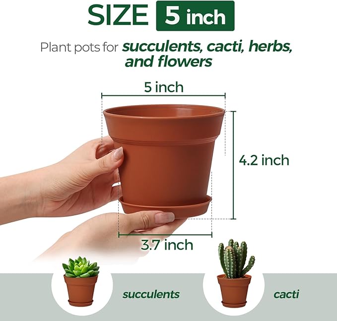 T4U Flower Pots 18-Pack, 5 Inch Plant Pot with Saucer and Drainage Hole, Durable Plastic Flower Pots, Small Pots for Plants, Violet, Succulent and Indoor Plant Decorative (18 Pack 5" Pot)