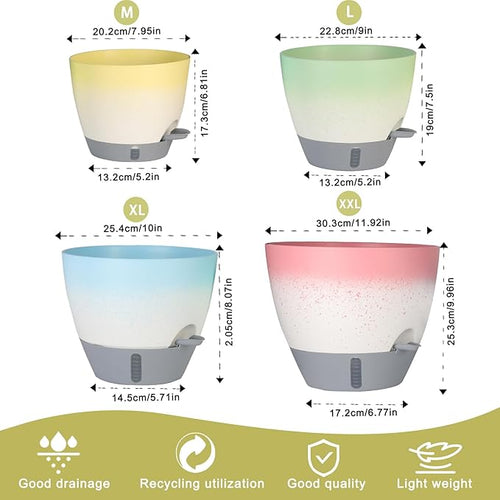 4-Piece Planter Set, 12/10/9/8-inch Self-Watering Pots with Drainage Holes, Deep Trays, Water Level Indicators, Suitable for Plants (12/10/9/8-inch, White Gradient Design)