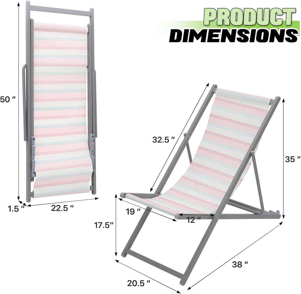 Magshion Folding Beach Sling Chairs Set of 2, 4 Level Adjustable Reclining Design, Lightweight Aluminum Frame, Portable Outdoor Chair for Backyard, Poolside and Camping, Support to 250 lbs, Stripes