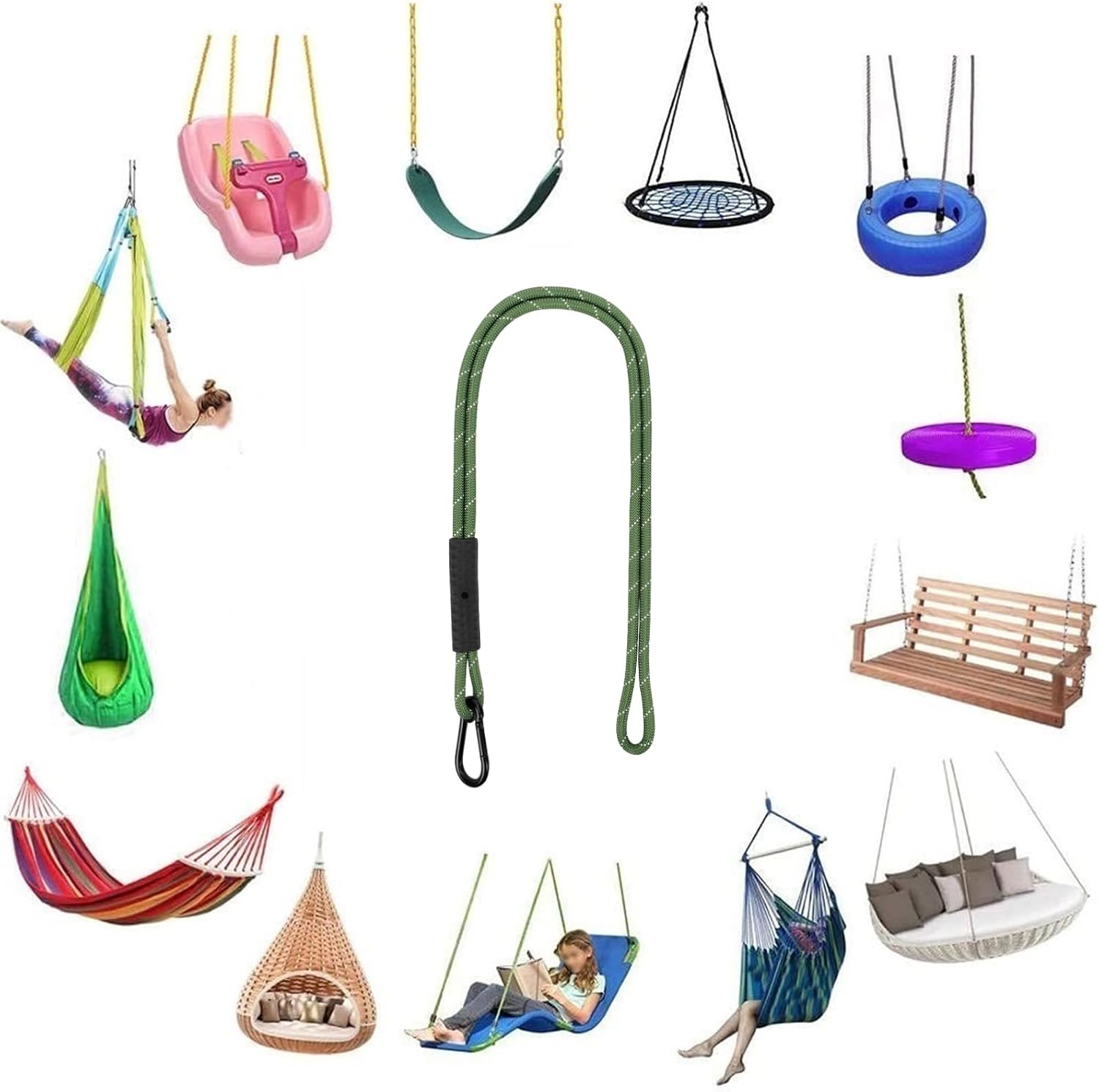 Heavy Duty Tree Swing Ropes, Hammock Tree Straps Hanging Kit, for Outdoor Swings Hammock Playground Set Accessories (1.75ft,21",Green,2Pack)