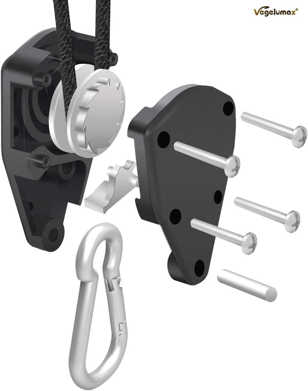 1/8Inch Heavy Duty Adjustable Rope Clip Hanger Reinforced Metal Internal Gears for Growing Light Fixtures,Various Tie-Down Uses,Loose-Proof Design,8ft Long,150lbs Weight Capacity,Black,1Pair