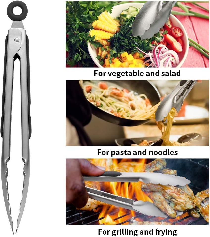 YuanKanJu Kitchen Tongs for Cooking Grilling, Aisoso 9-inch and 14-inch Set of 2 Heavy Duty Grill Tongs, 430 Premium Stainless Steel with Heat Resistant Silicone Grips and Sturdy Lock Ring