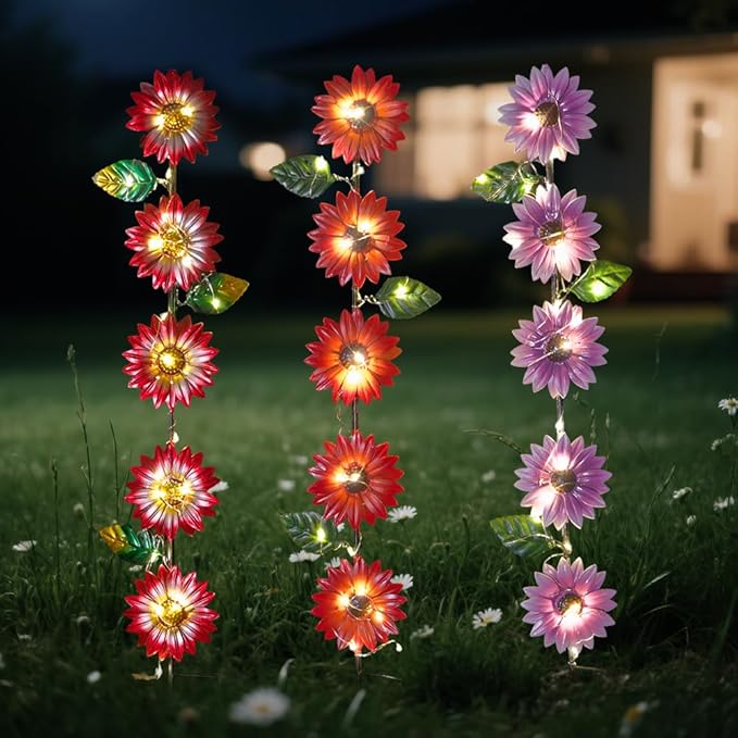Set of 3 Solar Garden Lights,22.6'' H Flowers Decorative Garden Stakes,Waterproof Metal Spring Yard Art Decor,Solar Stake Lights for Outside,Lawn,Yard,Patio
