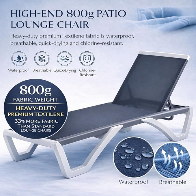 Kozyard Outdoor Chaise Lounge Chair, Full Flat Adjustable Patio Lounger with Aluminum Frame & Resin Legs, Textilene Fabric for Poolside, Backyard & Beach (Gray, Chair with Table)