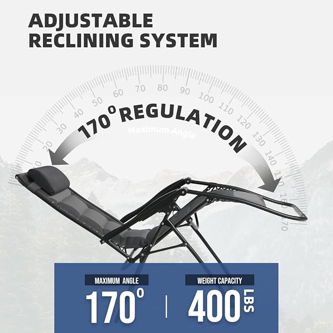 Zero Gravity Chair Oversized Padded Recliner with Adjustable Headrest & Cup Holder - XL 600D Oxford Folding Lounge Chair for Outdoor Camping, Patio, Poolside (Black & Gray)
