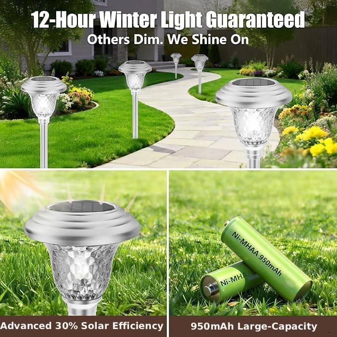 Beau Jardin 4 Pack Solar Pathway Lights White+ Color Changing Stainless Steel 3 Mode Outdoor Multicolor Metal Solar Powered Waterproof Glass for Garden Landscape Path Yard Walkway Driveway Silver