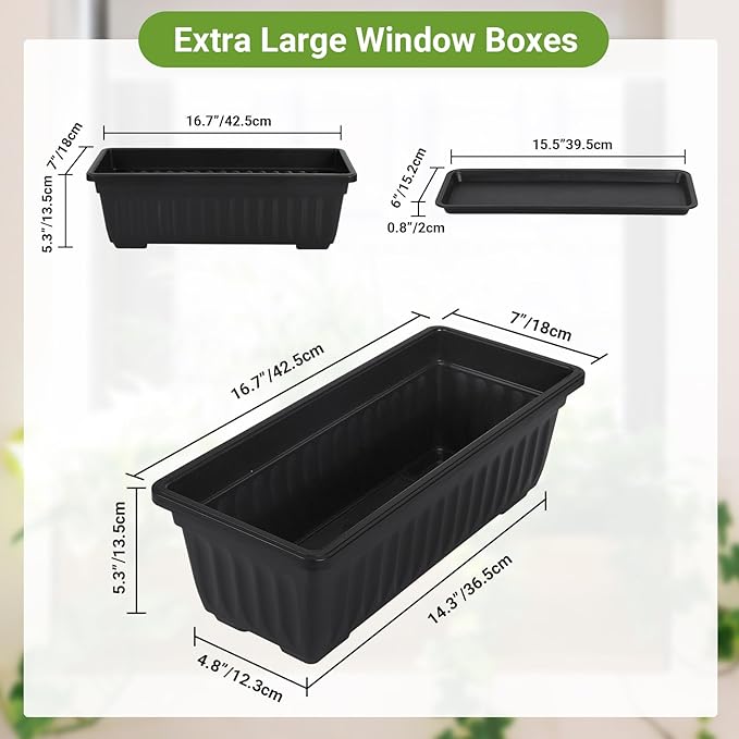 GREANER Rectangle Planters for Indoor Plants, 6 Pack 16.9x7.48 Inch Large Vegetable Flower Herb Window Boxes, Outdoor Plastic Growing Pots with Tray for House Windowsill Balcony Garden Use (Black)