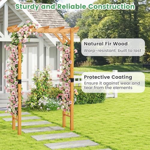 happygrill 7 ft wooden garden arch for climbing showing dimensions