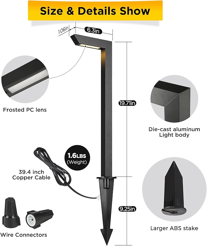 Gardencoin 3CCT LED Low Voltage Landscape Pathway Light, 12V Premium 3000K/4000K/5000K Selectable Path Lights Wired, Modern Walkway Lights Outdoor, Higher Housing with Larger Stake (19.71IN, 12pack)