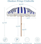 AMMSUN Boho Fringe Umbrella Outdoor Patio, 6.5ft UPF50+ Picnic Umbrella with Tassels with Steel Pole and Push Button Tilt, Navy Stripe