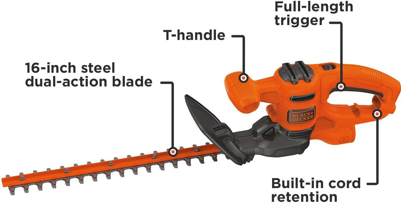 BLACK+DECKER Electric Hedge Trimmer, 16-Inch 3.0 Amp Compact Corded Power Hedge Trimmer (BEHT100)