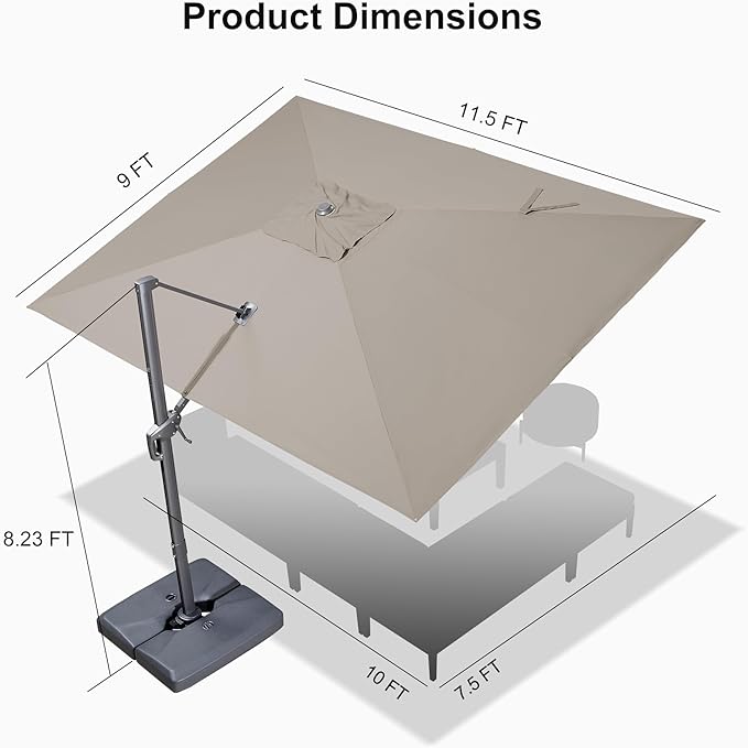 PURPLE LEAF Patio Umbrella 9' X 11.5' Rectangle Cantilever Umbrella Large Aluminum Outdoor Umbrellas with 360-degree Rotation & UPF40+ Premium Fabric for Deck Pool Garden Yard, Ash Mocha
