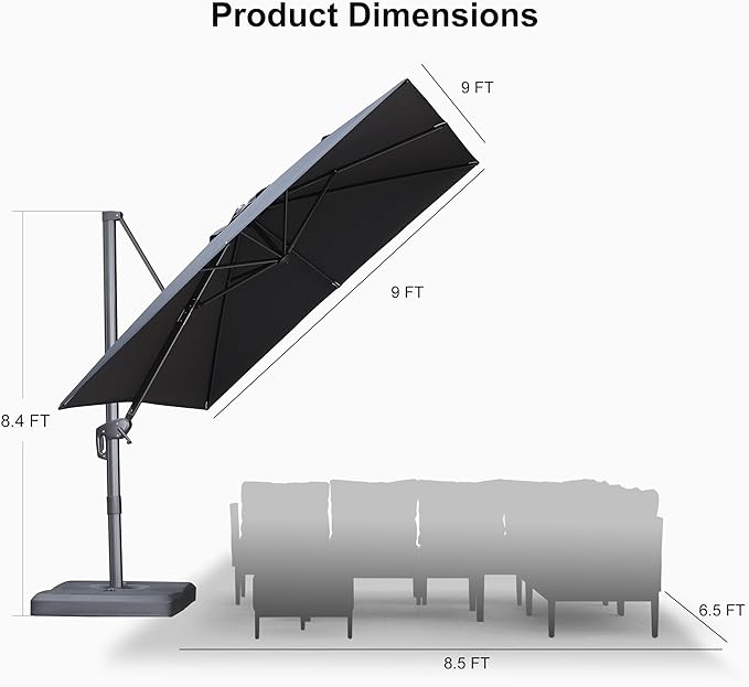 PURPLE LEAF Patio Umbrella 9' X 9' Rectangle Cantilever Umbrella Large Aluminum Outdoor Umbrellas with 360-degree Rotation & UPF40+ Premium Fabric for Deck Pool Garden Yard, Graphite Grey