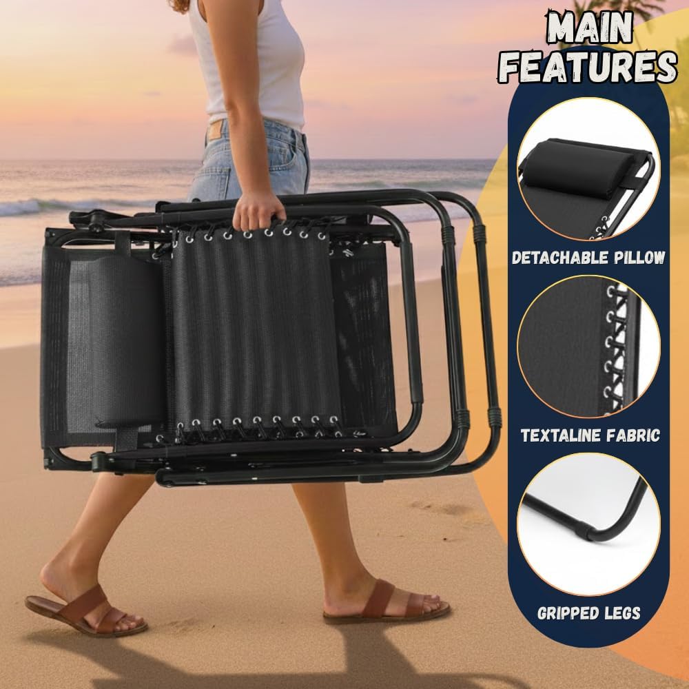 EZONE (Set of 2 Zero Gravity Lounge Chairs Outdoor Adjustable Reclining Patio Chair Steel Mesh Folding Recliner for Pool Beach Camping Lounge Chair with Pillows and Cup Tray (2, Black)