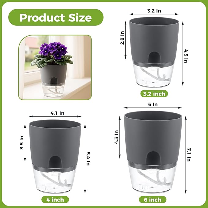 5 Pack Self Watering Pots for Indoor Plants, PlanterHoma 4 Inch Plant Pot Plastic Self Watering Planter for Orchid, African Violet, Small Clear Flower Pots with Drainage Holes and Wicking Rope, Grey