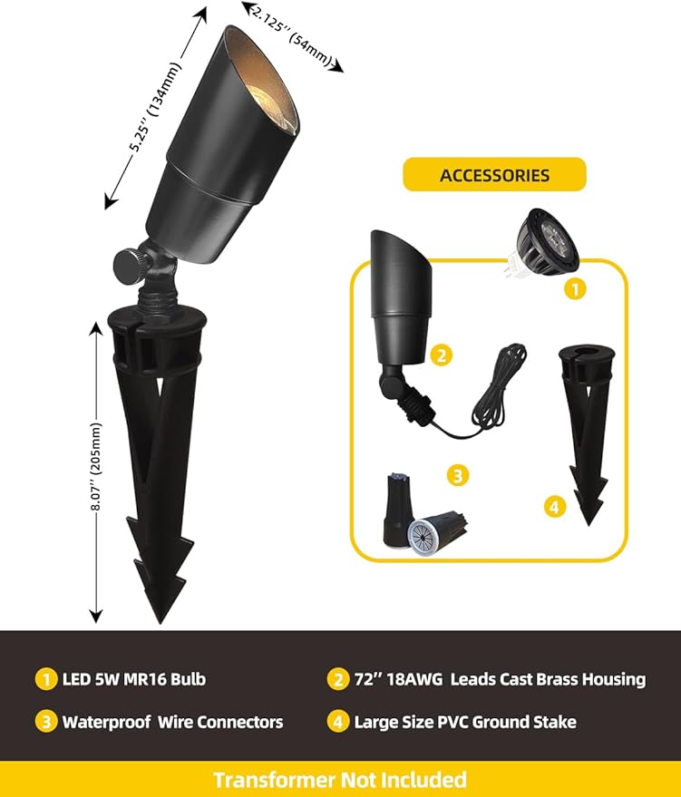 COLOER Brass Low Voltage Landscape Spotlight(Black) 1-Pack with 5W Aluminum Housing MR16 LED Bulb 2700K 450LM CRI85+,12V AC/DC Outdoor Uplighting, Directional Garden Patio Spot Up Light(101B-Black)