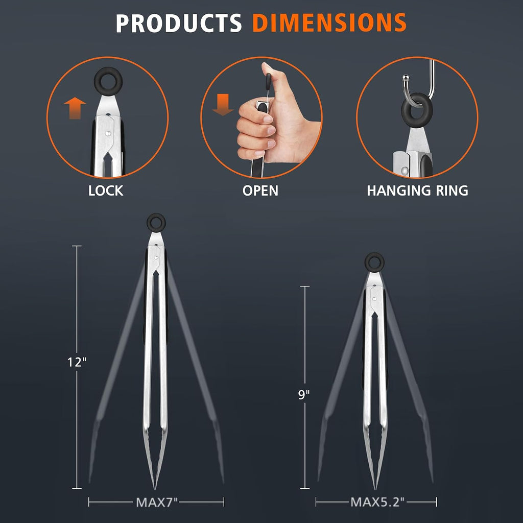 Hotec Stainless Steel Kitchen Tongs, Locking Metal Food Tongs for Cooking, Serving, BBQ, Grill & Air Fryer with Non-Slip Grip, Set of 2-9" and 12"
